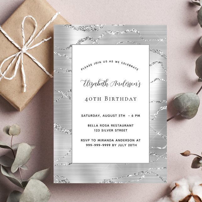 Birthday silver white elegant invitation postcard (Creator Uploaded)
