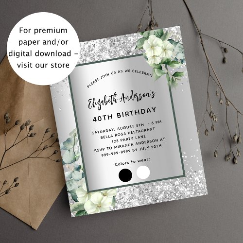 Birthday silver white floral budget invitation flyer