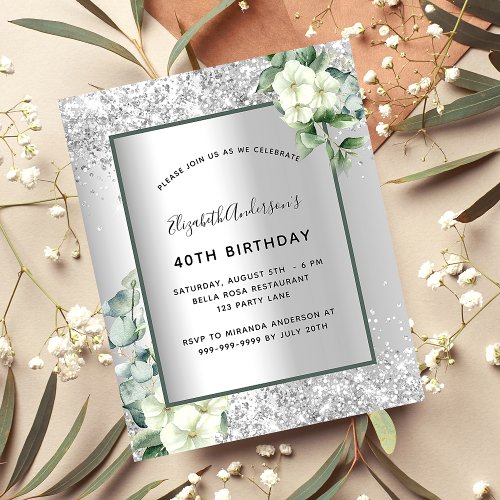 Birthday silver white floral eucalyptus invitation