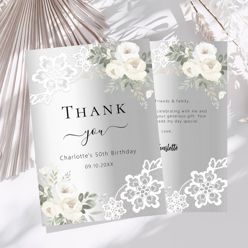 Birthday silver white floral lace thank you card