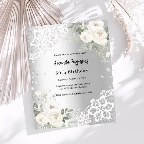 Birthday silver white florals diamonds invitation