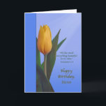 Birthday, Sister, Golden Tulip Flower Card<br><div class="desc">For a sister's birthday this is a nice colorful birthday greeting with a religious theme. The cover image shows a lovely yellowish orange tulip surrounded by deep green leaves. The background is a varied blue with a wide deep blue border on the left side of the card. Rays of light...</div>