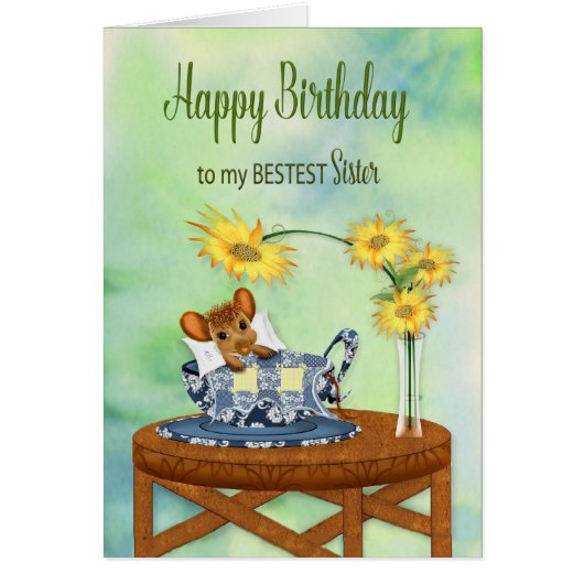 Birthday - Sister - Mouse in Tea Cup Resting Cards (Front)