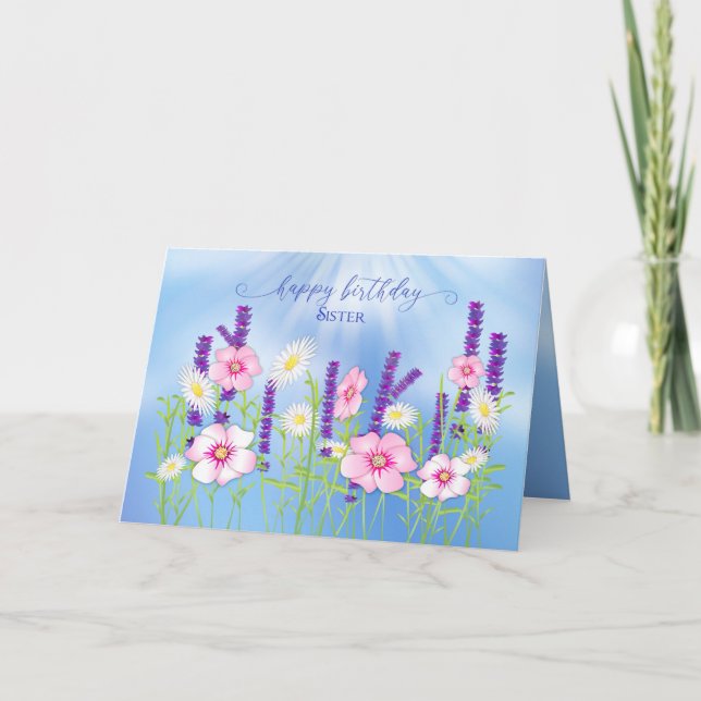 Birthday Sister Soft Delicate Flower Garden Blue Card (Front)