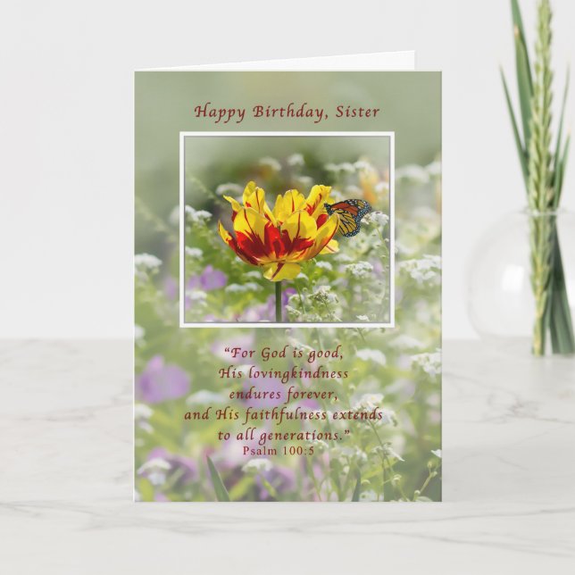 Birthday, Sister, Tulip and Butterfly, Religious Card (Front)