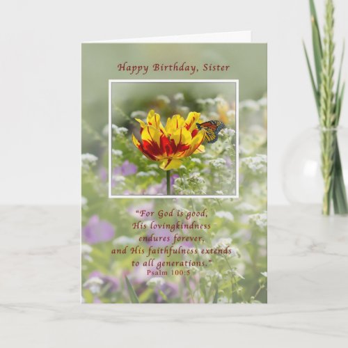 Birthday Sister Tulip and Butterfly Religious Card