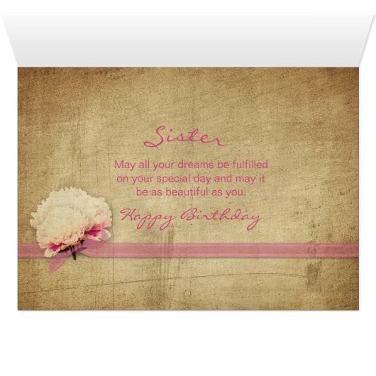 Birthday - Sister - Vintage Peonies, Flower (Inside Horizontal (Bottom))