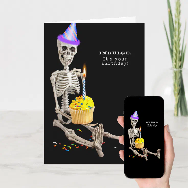 birthday skeleton with cupcake card | Zazzle