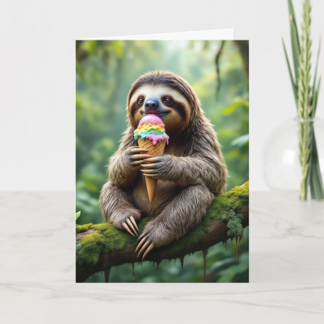 Birthday Sloth With a Rainbow Ice Cream Cone Card (Front)