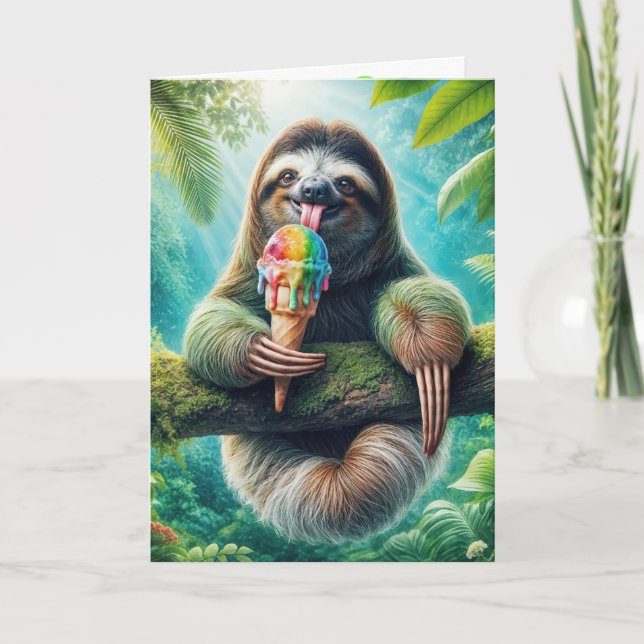 Birthday Sloth With a Rainbow Ice Cream Cone Card (Front)