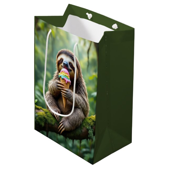 Birthday Sloth With a Rainbow Ice Cream Cone Medium Gift Bag (Front Angled)