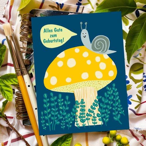 Birthday snail on magical mushrooms postcard