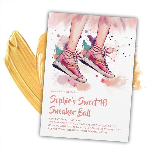 Birthday Sneaker Ball Grunge Watercolor Sweet 16 Invitation