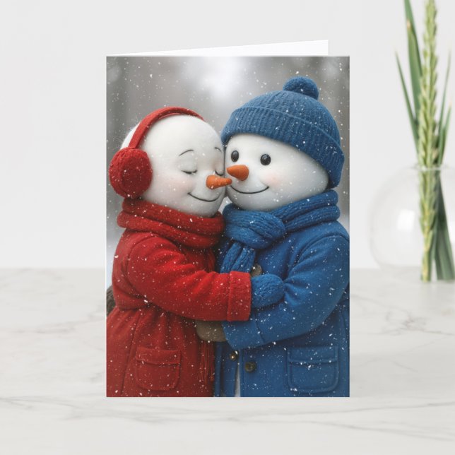 Birthday Snowman Couple in Snowflakes Card (Front)