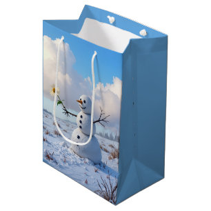 Birthday Snowman Holding a White Daisy Medium Gift Bag