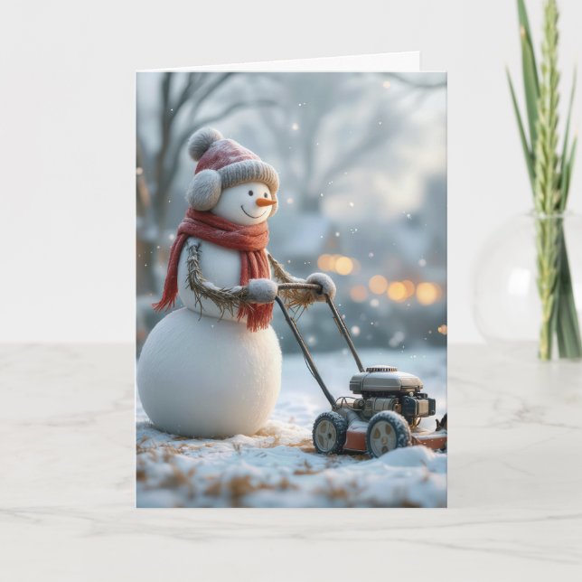 Birthday Snowman Pushing a Lawnmower Card (Front)