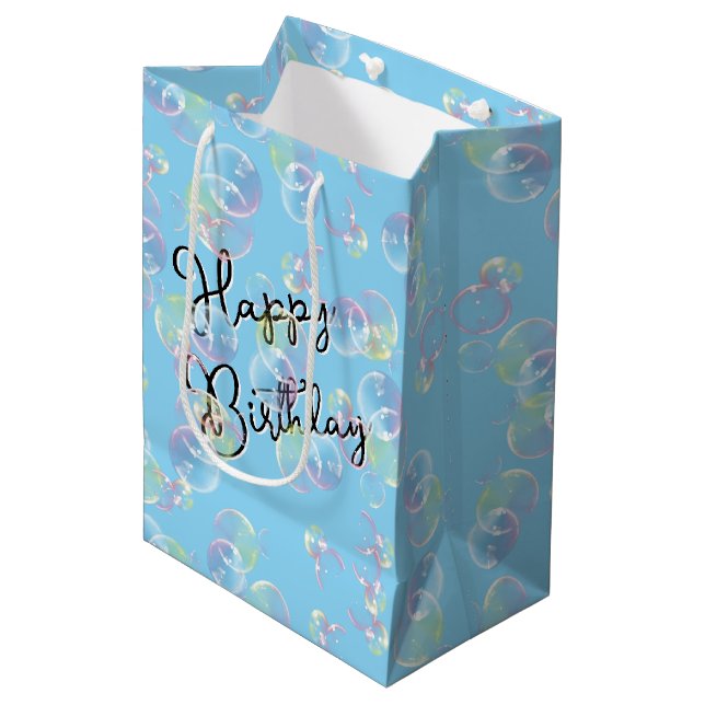 Birthday Soap Bubbles On Light Blue Medium Gift Bag (Front Angled)