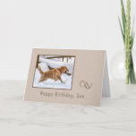 Birthday, Son, Golden Retriever Dog in Snow Card<br><div class="desc">Shades of brown surround an image of a golden retriever dog running through the snow on this birthday card.  The falling snowflakes add to a wintery feel of the image.   You can alter the inside to suit your needs.</div>