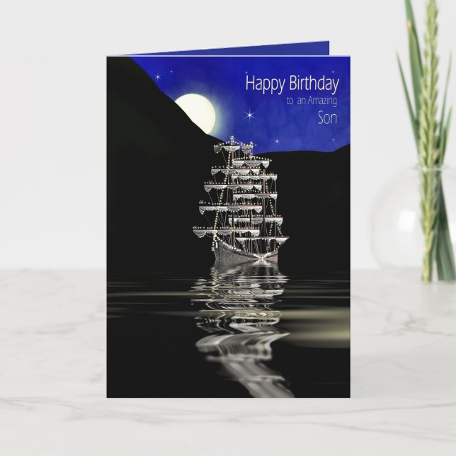 Birthday, Son,  Ship with Sails, Night Card (Front)