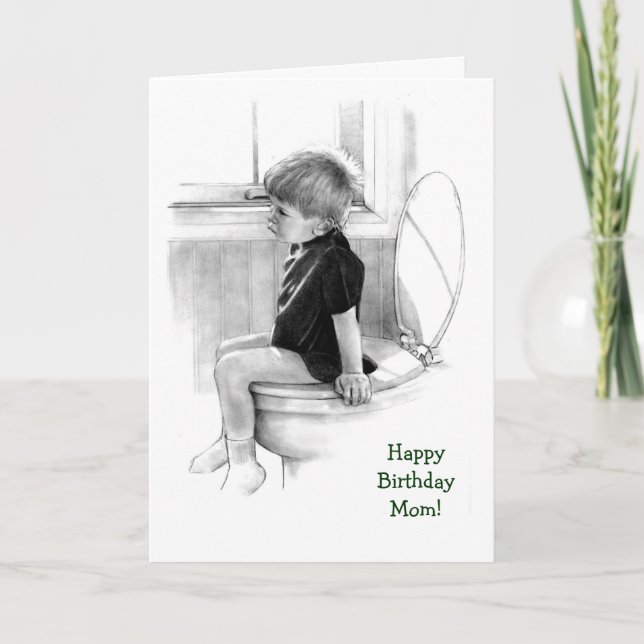 Birthday: Son to Mom: Boy on Potty, Pencil Realism Card (Front)