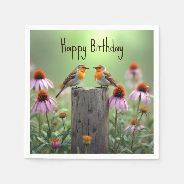 Birthday Songbirds On a Post With Coneflowers Napkins (Front)