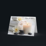 Birthday Spa Towels With Magnolia Blossoms Card<br><div class="desc">An elegant spa setting features neatly stacked white towels adorned with delicate magnolia flowers.
All text can be changed.</div>