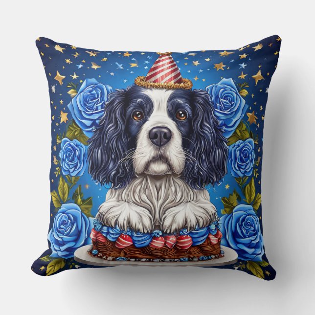 🐶 Birthday Spaniel Joy Festive Party Celebration Throw Pillow (Front)