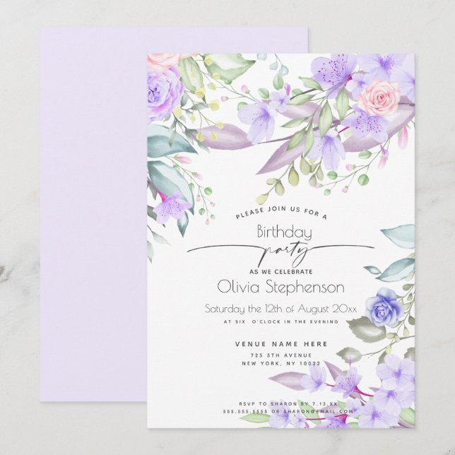 Birthday   | Spring Pale Lavender Floral Invitation (Front/Back)