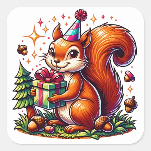 Birthday Squirrel Cute Cartoon Square Sticker