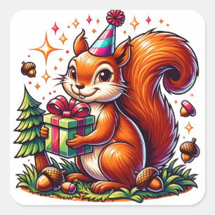 Birthday Squirrel Cute Cartoon Square Sticker