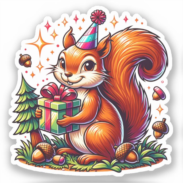 Birthday Squirrel Cute Cartoon Sticker (Front)