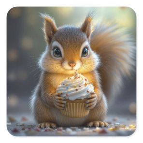 Birthday Squirrel With Cupcake Square Sticker