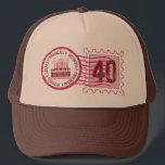 Birthday Stamp 40 Hat<br><div class="desc">Our distressed BIRTHDAY STAMP 40 design is a great way to celebrate a 40th birthday. Looks like a canceled stamp with a fun birthday cake and birthday year. PinkInkArt original!</div>