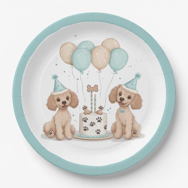 Birthday Standard Poodle Dogs Paper Plates (Front)
