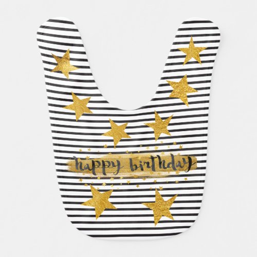 Birthday Star Black White Stripes Shiny Gold Baby Bib