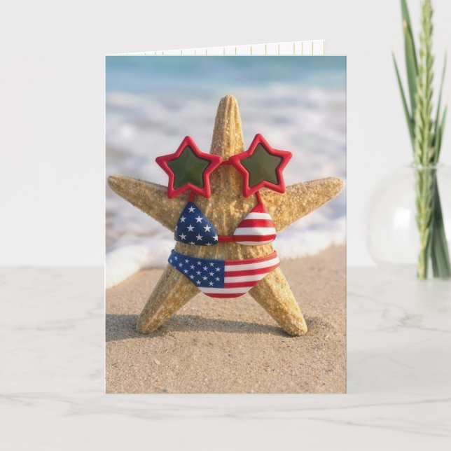 Birthday Starfish Wearing American Flag Bikini  Card (Front)