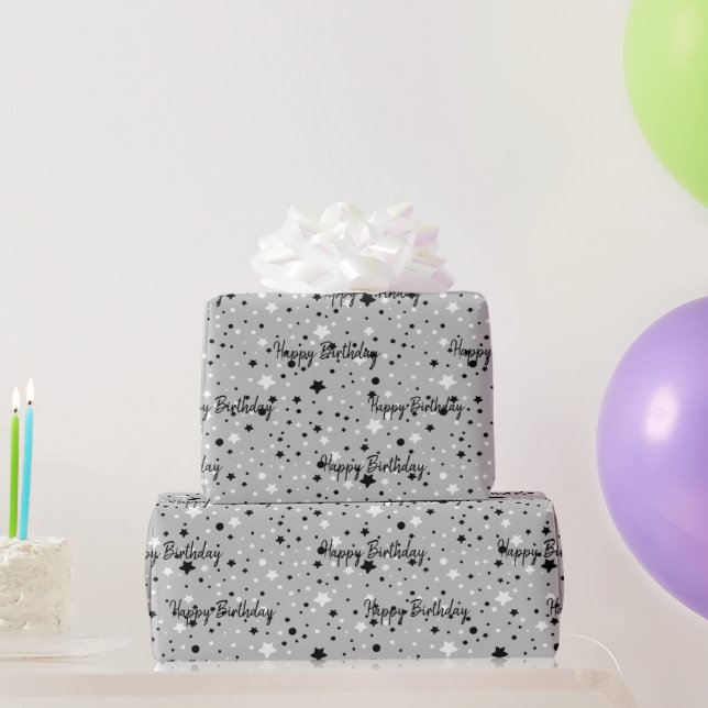 Birthday Stars On Gray Wrapping Paper (Party Gifts)