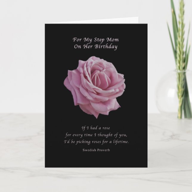 Birthday, Step Mom, Pink Rose on Black Card (Front)