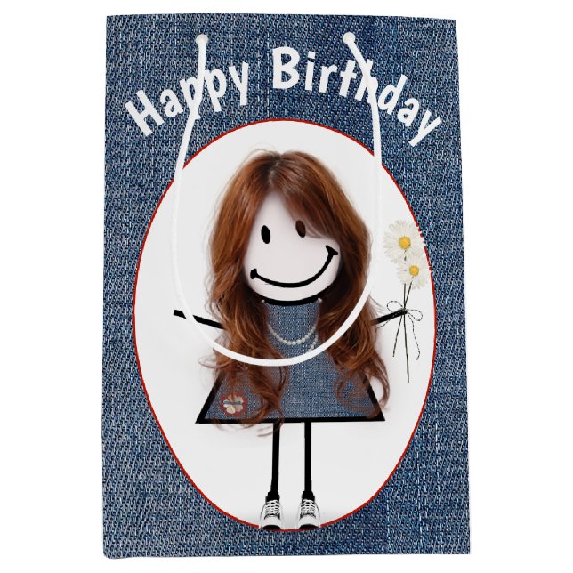 Birthday Stick Figure Girl On Denim Medium Gift Bag (Front)