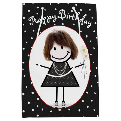 Birthday Stick Figure Girl On Polka Dots  Medium Gift Bag
