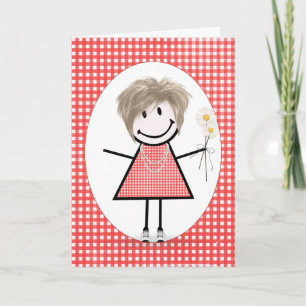 Birthday Stick Figure Girl On Red Gingham Card