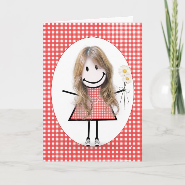 Birthday Stick Figure Girl On Red Gingham Card (Front)