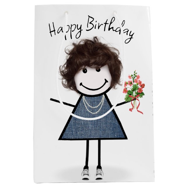 Birthday Stick Figure Girl With Bouquet Medium Gift Bag (Front)
