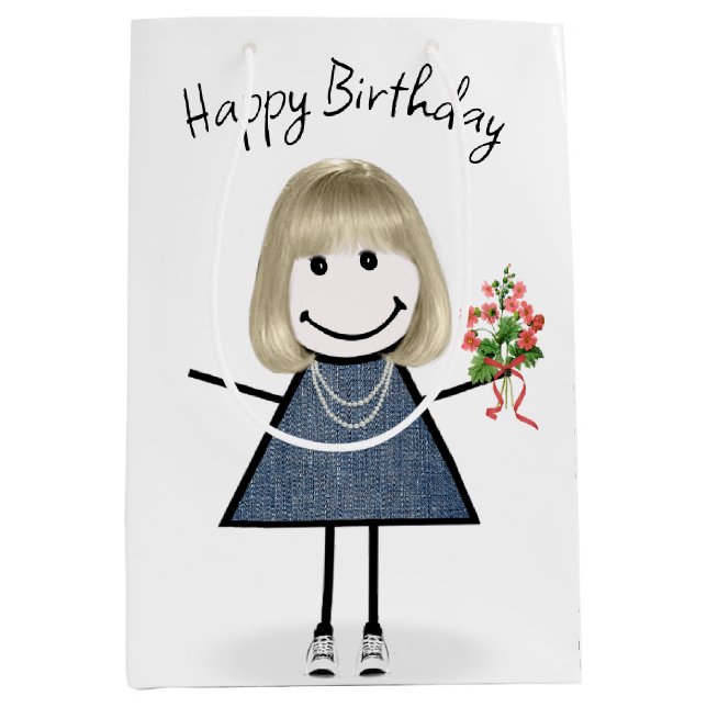Birthday Stick Figure Girl With Bouquet Medium Gift Bag (Front)