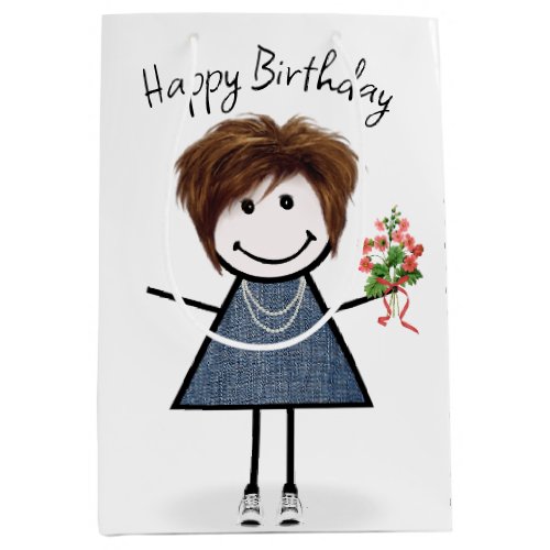 Birthday Stick Figure Girl With Bouquet Medium Gift Bag