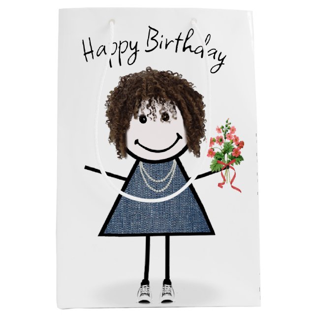 Birthday Stick Figure Girl With Bouquet Medium Gift Bag (Front)