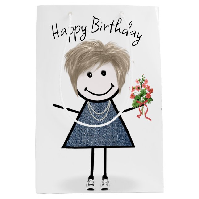 Birthday Stick Figure Girl With Bouquet Medium Gift Bag (Front)