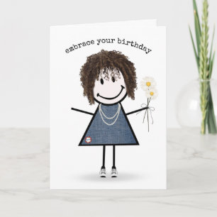 Birthday Stick Figure Girl with Daisies Card