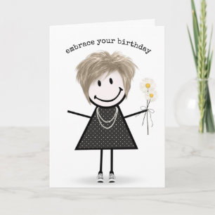 Birthday Stick Figure Girl with Daisies Card