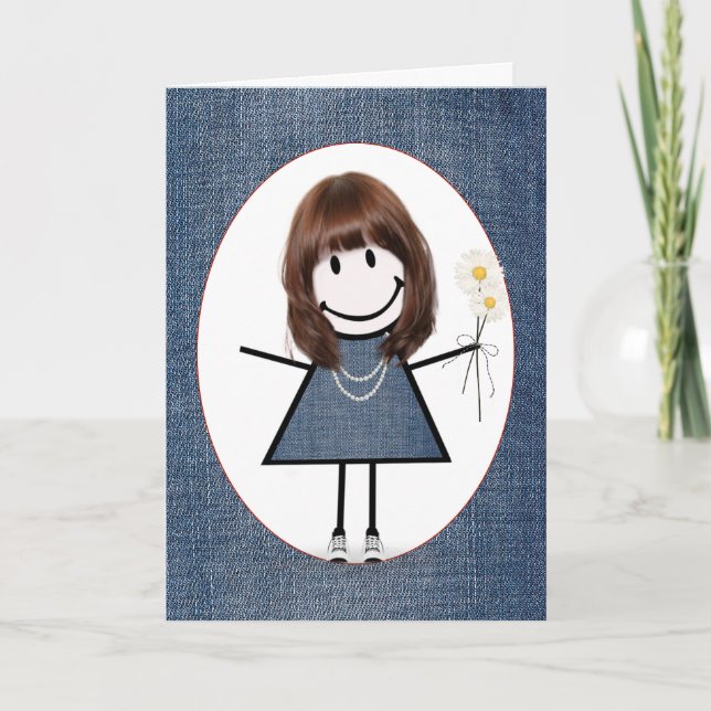 Birthday Stick Figure Girl with Daisies Card (Front)